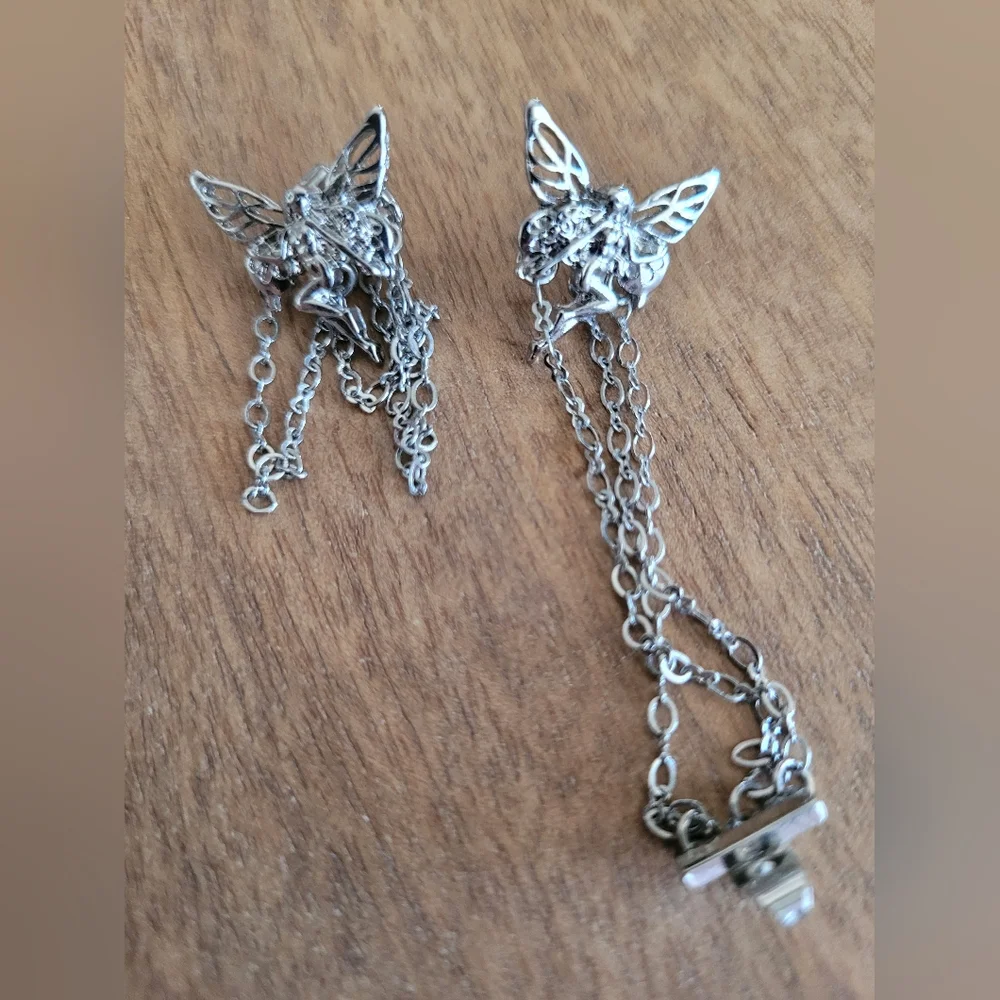 Mystical Silver Fairy Goth Earrings with Chains - Picture 2 of 2